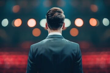 A businessman in a suit stands on a stage under bright lights, preparing for a speech or presentation in an empty auditorium.