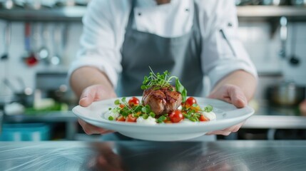 A chef in a professional kitchen presents a beautifully plated gourmet dish featuring meat, tomatoes, and fresh vegetables, highlighting culinary excellence.