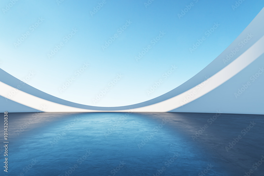 Aufkleber futuristic abstract architecture with curved walls and blue floor. 3d rendering