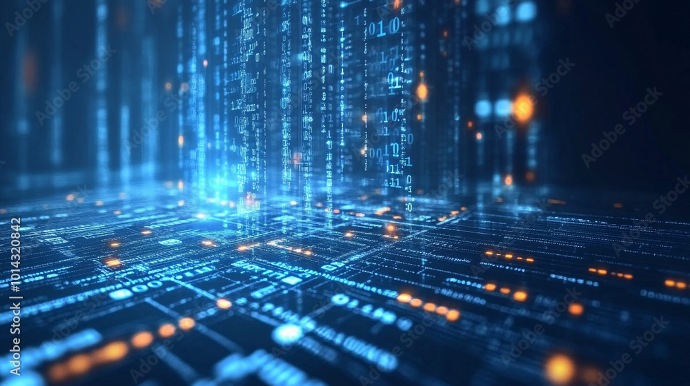 Poster binary background bright blue digital data network technology.
