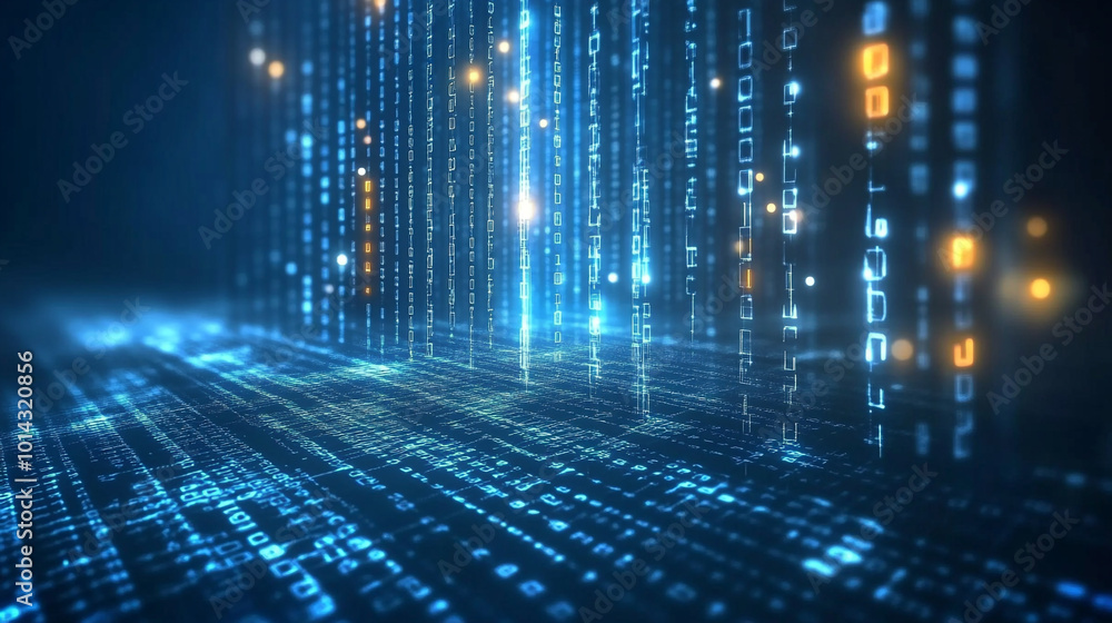 Poster binary background bright blue digital data network technology.