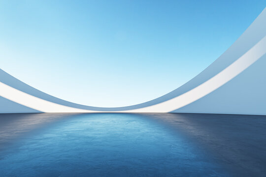 Futuristic abstract architecture with curved walls and blue floor. 3D Rendering