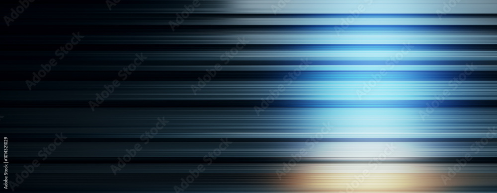 Poster abstract blue and black horizontal light streaks on dark background. 3d rendering