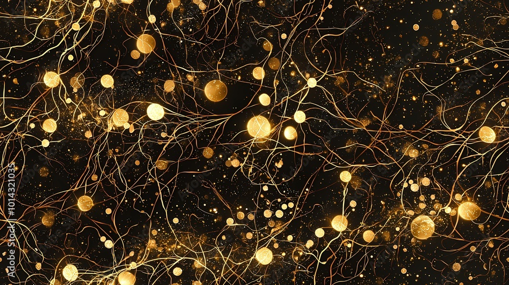 Poster the image is a black background with glowing golden lights and thin, curved lines. the golden lights