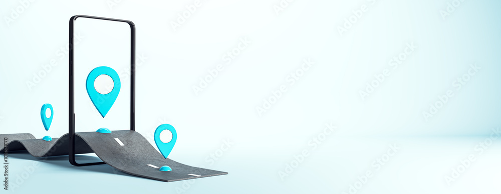 Poster Smartphone navigation concept with 3D location pins on a road. 3D Rendering