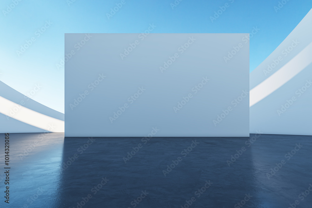 Poster empty white wall in a spacious outdoor setting with blue sky. 3d rendering