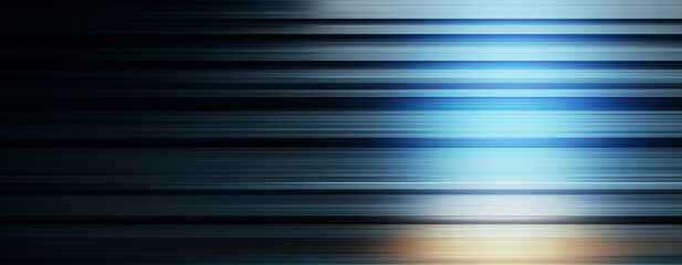 Abstract blue and black horizontal light streaks on dark background. 3D Rendering