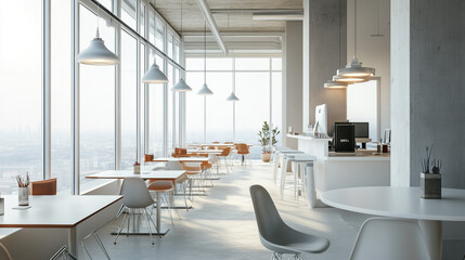 Modern office interior featuring a bright, open layout with panoramic city views in daylight