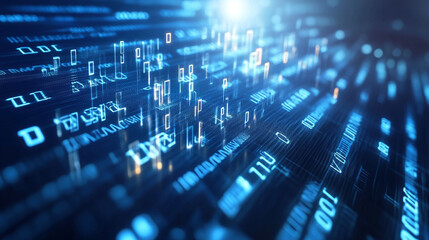 Obraz premium Technology background with binary code and blue light effects, Close-up of blue-tinted computer code on a screen, implying cybersecurity or programming concept.