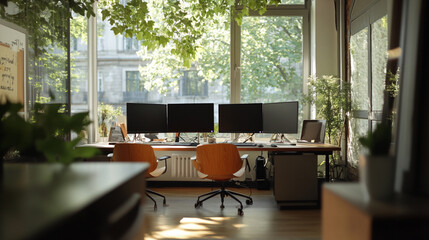 Bright and modern workspace filled with natural light and greenery in an urban office setting