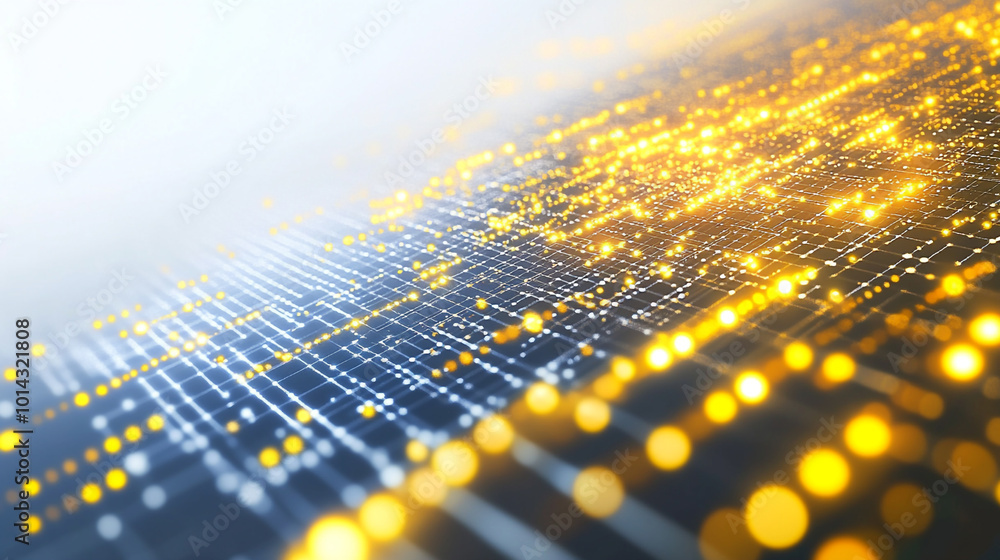 Poster a computer screen with a bright yellow light shining through it, bright flood lights background with