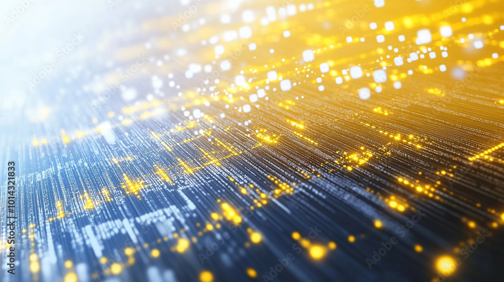 Poster a computer screen with a bright yellow light shining through it, bright flood lights background with