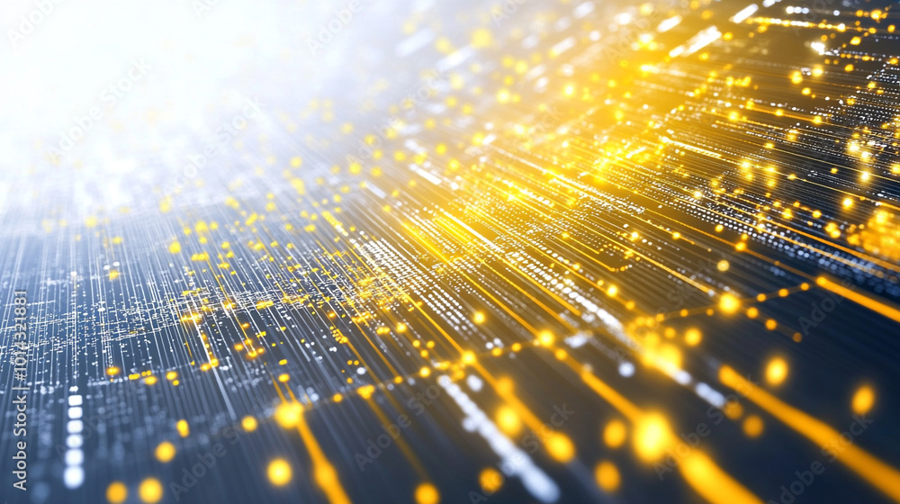 Poster a computer screen with a bright yellow light shining through it, bright flood lights background with