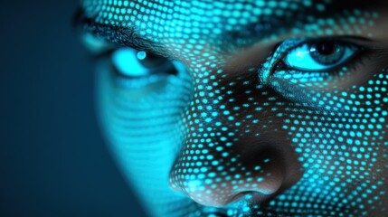 A captivating portrait showcases a personвЂ&trade;s intense gaze enhanced by vibrant digital light dots, evoking a sense of futuristic aesthetics