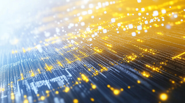 A computer screen with a bright yellow light shining through it, bright flood lights background with particles and glow.