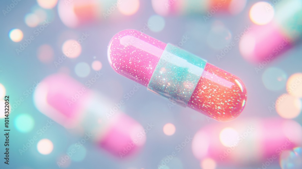 Poster colorful capsules appear to float amidst vibrant bokeh lights, creating an enchanting and whimsical 