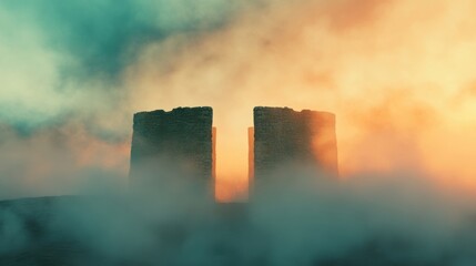 Golden gates rise above the mist, illuminated by the warm glow of the sun breaking through the clouds at dawn, creating a serene ambiance
