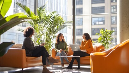 Obraz premium Three women laughing and talking while sitting on orange couches in a modern office.