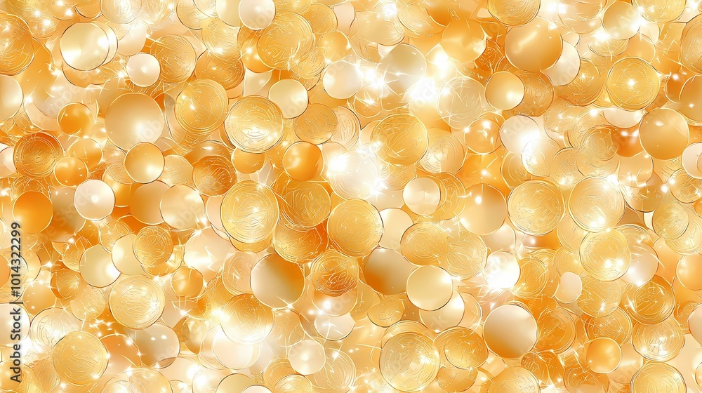 Poster the image shows a pile of golden coins with highlights. the coins are arranged in a random pattern, 