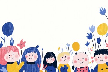 Colorful Cartoon Children with Nature Elements in Whimsical Vector Illustration