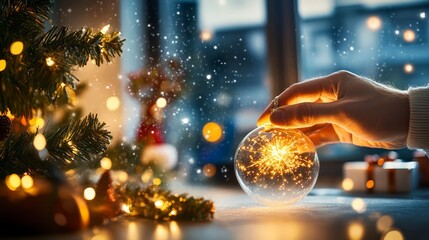 Hand Holding Illuminated Christmas Ornament Amid Cozy Holiday Decor and Twinkling Lights by the Window