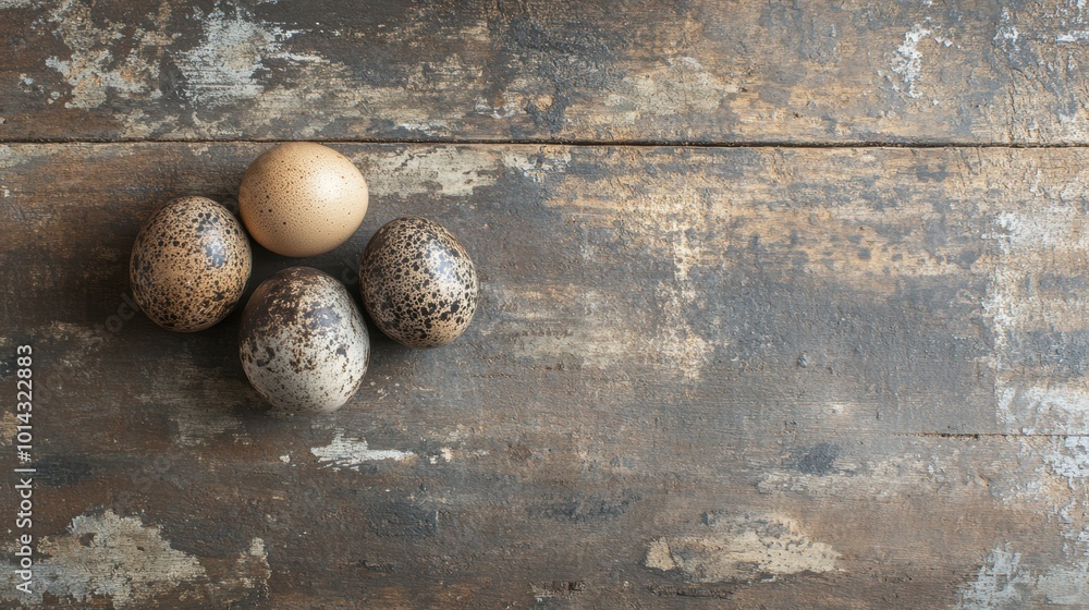 Poster a collection of quail eggs rests on a rustic wooden table, showcasing their unique patterns and colo
