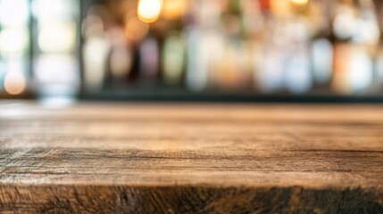 The rustic wooden counter showcases a blurred collection of bottles, providing a cozy ambiance for social gatherings