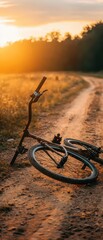 Bicycle parked on a dusty road during sunset, nature backdrop.