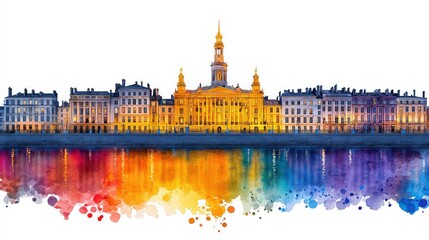 Obraz premium Watercolor Painting of European City Skyline with River Reflection