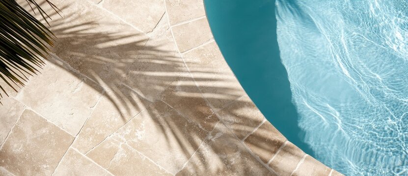 A close-up shot of white travertine tiles around the edge of an outdoor pool, with a clear blue water surface and palm leaves casting shadows on one side.