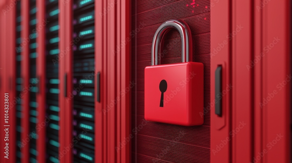Poster red padlock on server rack data center security concept