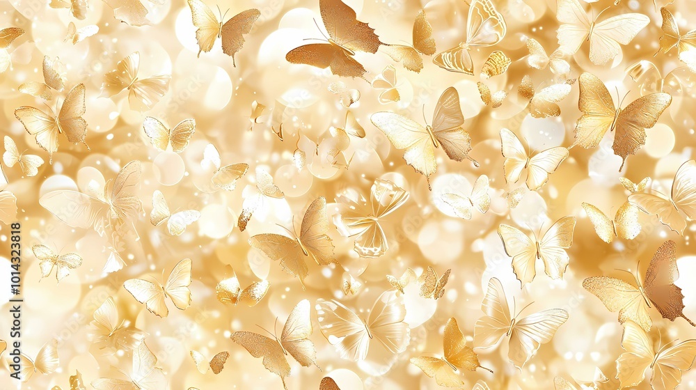 Poster the image contains a light gold background with many gold textured butterflies flying in front of a 