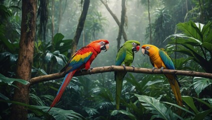 Obraz premium Two colorful parrots perched on a branch in a lush tropical rainforest setting