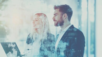 A team of professionals engages in collaborative work on laptops, exchanging ideas in a bright, contemporary office setting