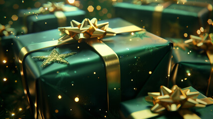 Close-up of Luxury Festive Green Gift with Gold Bow