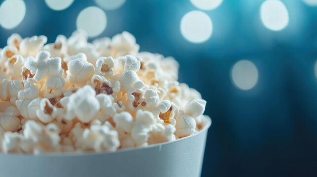 The bucket filled with fresh popcorn highlights an enticing snack enjoyed during a cinematic experience in a theater