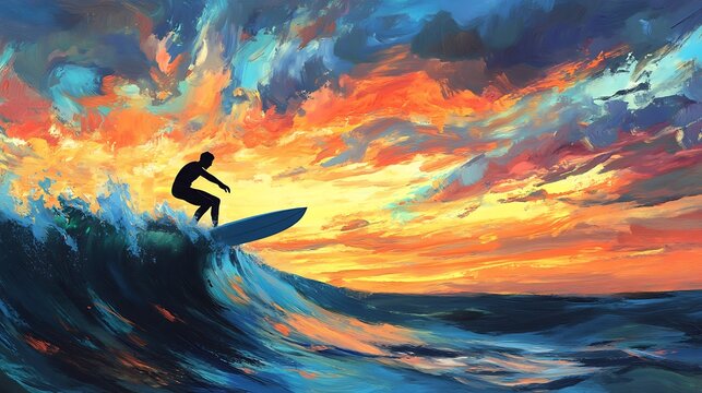 A lone surfer rides a wave at sunset with a colorful sky.