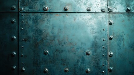 Fototapeta premium The surface features a weathered metal plate with prominent rivets, showcasing an industrial aesthetic perfect for backgrounds