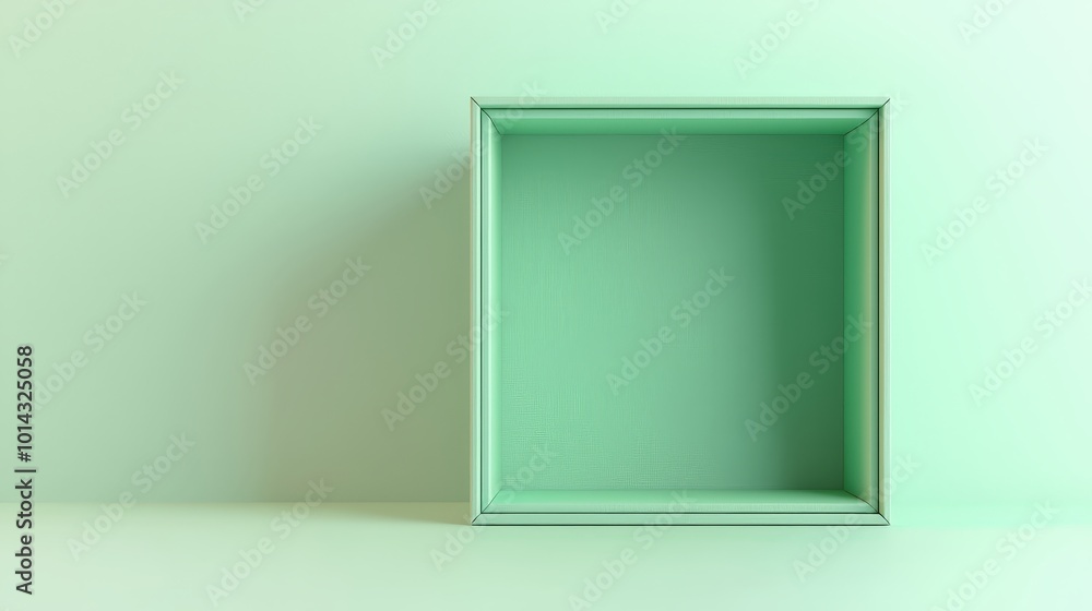 Poster empty green box shelf display mockup minimalist background