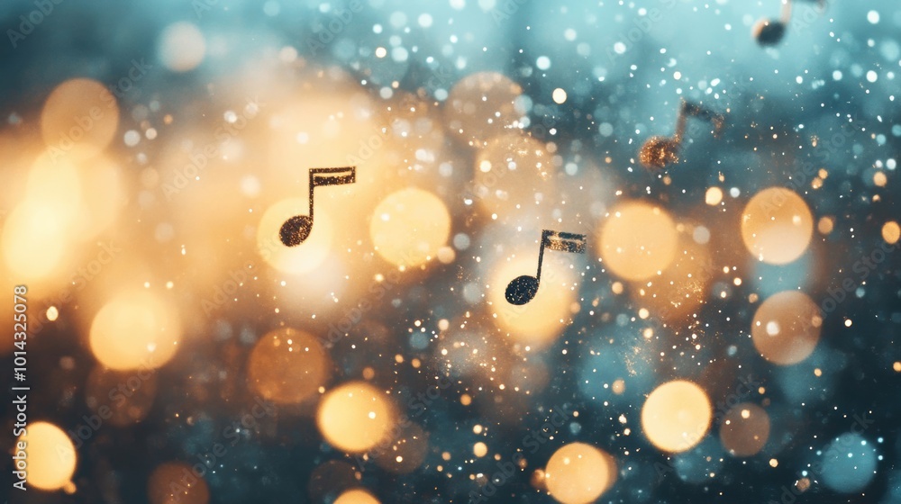Poster floating musical notes create a whimsical atmosphere against a vibrant bokeh background of shimmerin
