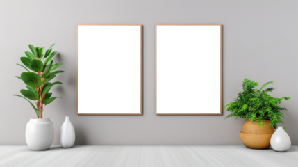 Two blank frame signs on a white wall. Transparent frame signs for advertising mockup.