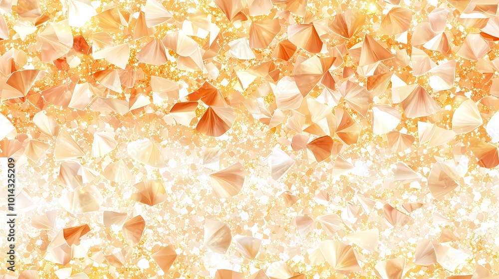 Poster the image contains a background of many small shiny gold shapes and some larger beige and orange sha