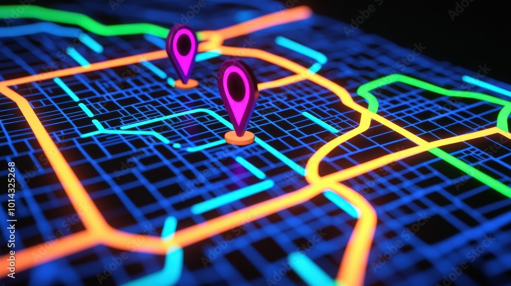 Aufkleber neon city map with gps navigation pins and route paths