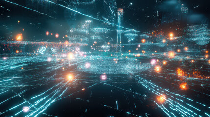 Fototapeta premium vibrant virtual reality world filled with interconnected data streams and glowing orbs creates mesmerizing digital landscape. scene evokes sense of wonder and exploration