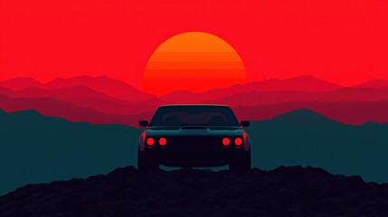 Fototapeta premium Silhouette of a Classic Car Against a Red Sunset Mountain Landscape