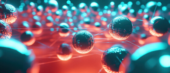 digital network of interconnected spheres illuminated in vibrant red and blue hues, creating futuristic and dynamic atmosphere. glowing spheres symbolize connectivity and technology