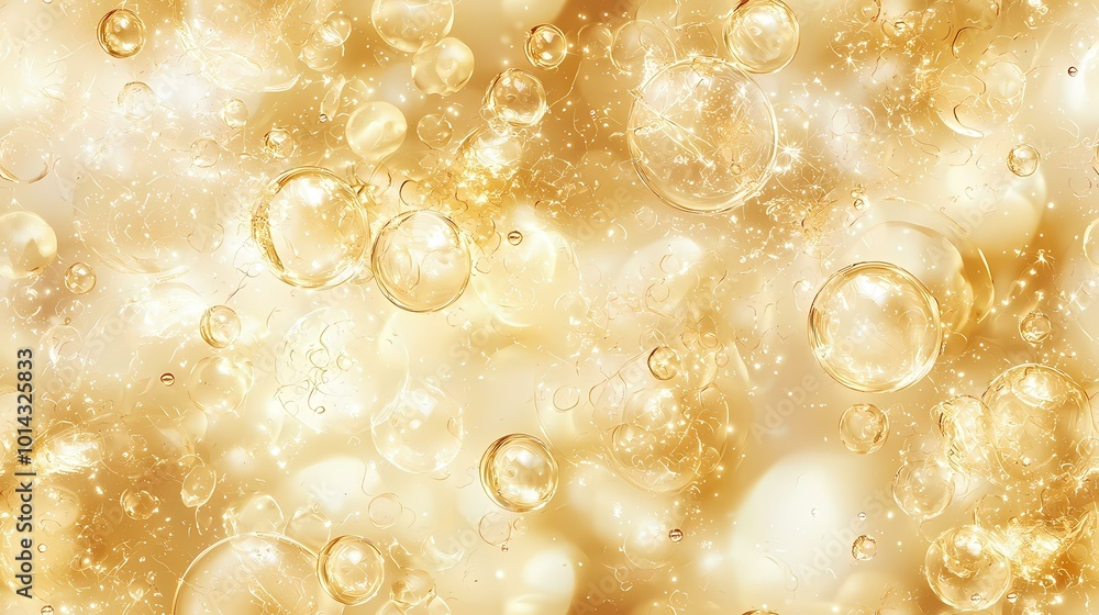 Poster the image shows a close-up of a golden liquid with many light-reflecting bubbles.