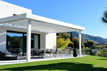 Design project for a bioclimatic pergola at a modern white home.