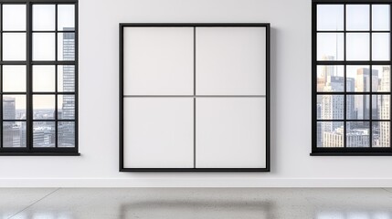 Modern Loft Interior with Large Blank Canvas and City View