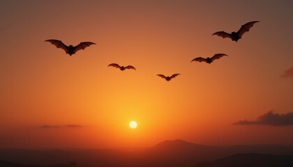 Obraz premium A group of bats flying in the sky at sunset